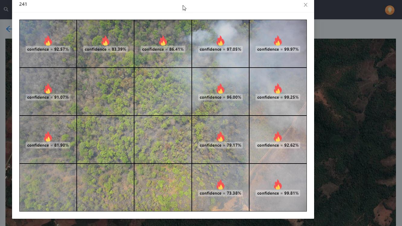 แสดงตัวอย่างตำแหน่งที่ถูกประเมินว่าได้เกิดไฟป่าขึ้นโดยสามารถแสดงค่าร้อยละความเชื่อมั่นของการเกิดไฟ